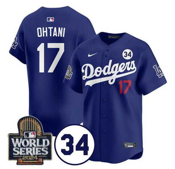 Men%27s Los Angeles Dodgers #17 Shohei Ohtani Royal 2024 World Series With No. 34 Patch Cool Base Stitched Jersey Dzhi->los angeles dodgers->MLB Jersey
